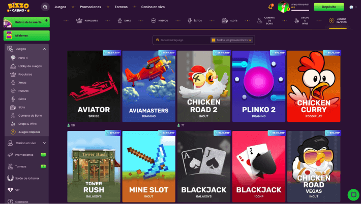 Bizzo Casino p&aacute;gina web